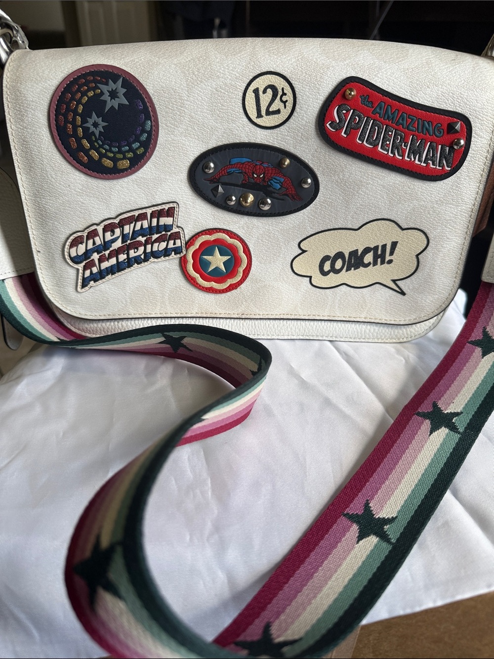 Coach White Leather Patch & Comic Badge Crossbody with Striped Star Strap